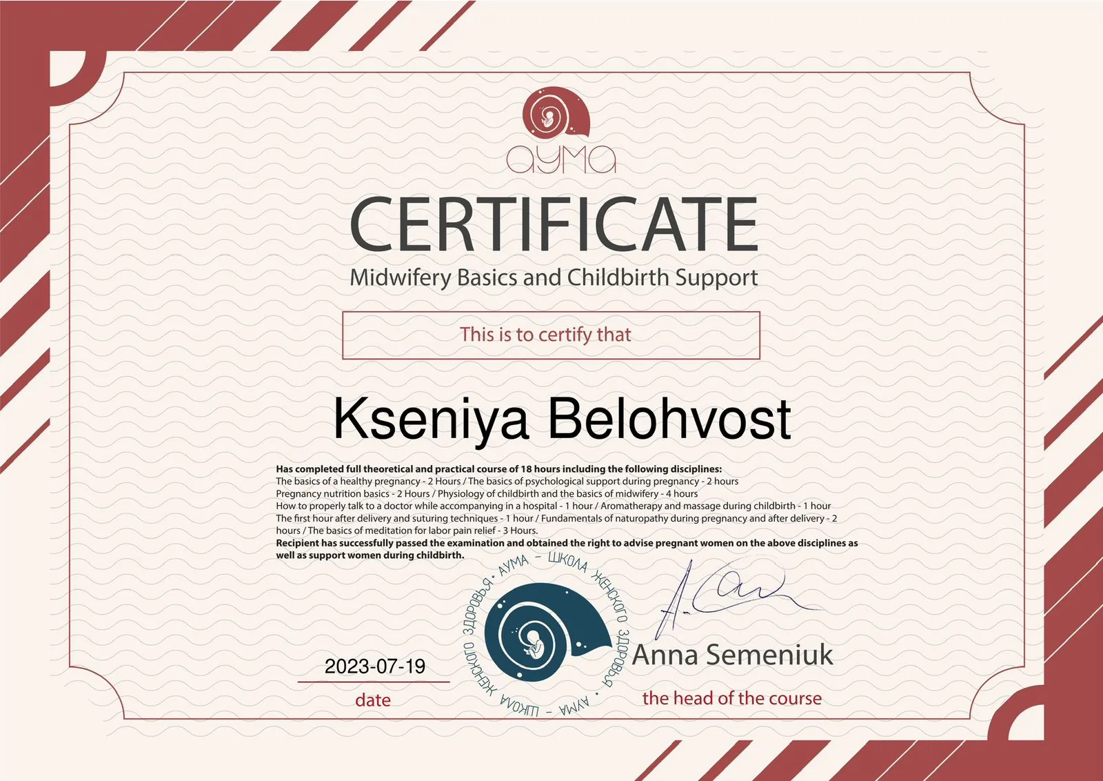Certificado — bases de partería y acompañamiento en el parto, AYMA