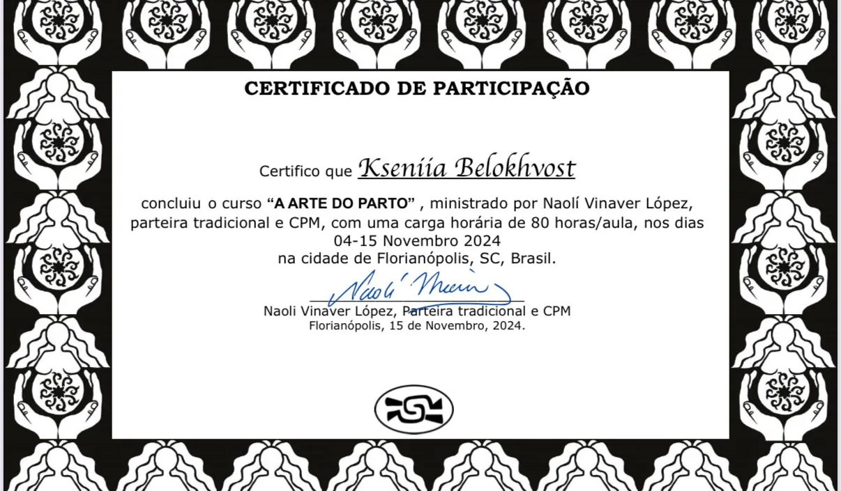 Certificado «A Arte do Parto» — Naolí Vinaver, Brasil